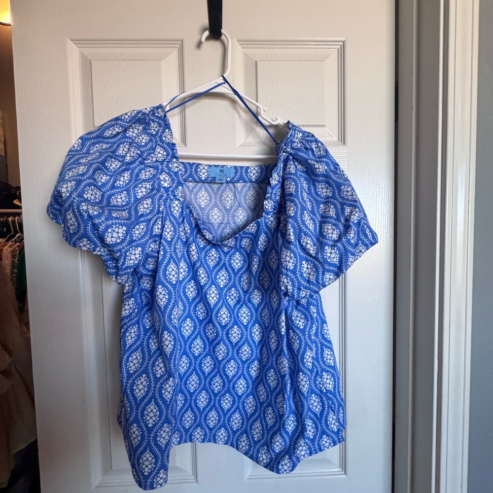 CeCe Blue Printed Short-Sleeve Blouse
